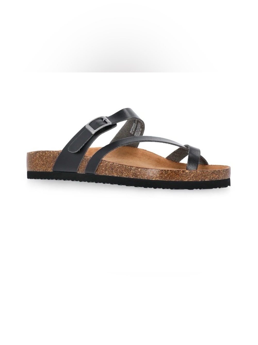 Time and Tru Women's Asymmetric Strap Footbed Slide Sandals, Black Leather Cork - Picture 2 of 7